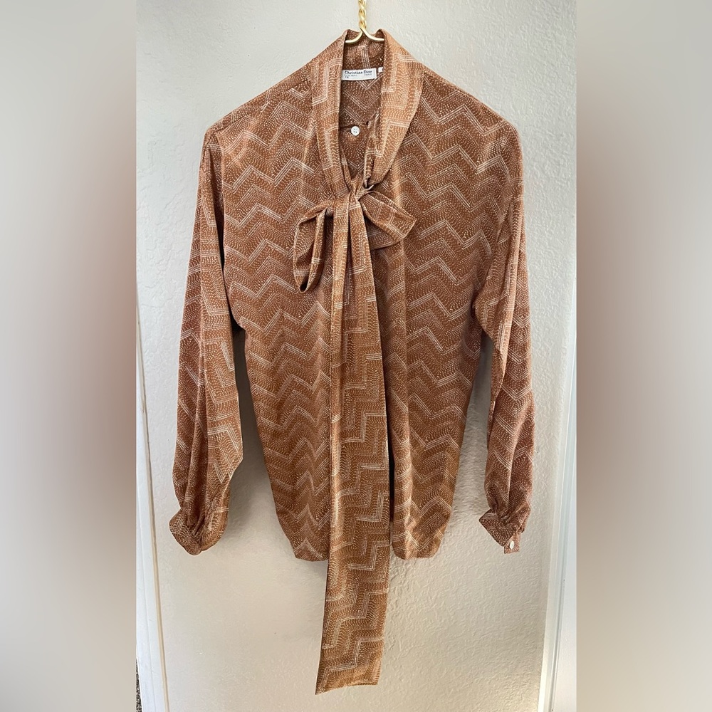 DIOR Brown and White Long Sleeve Tie Front Blouse
